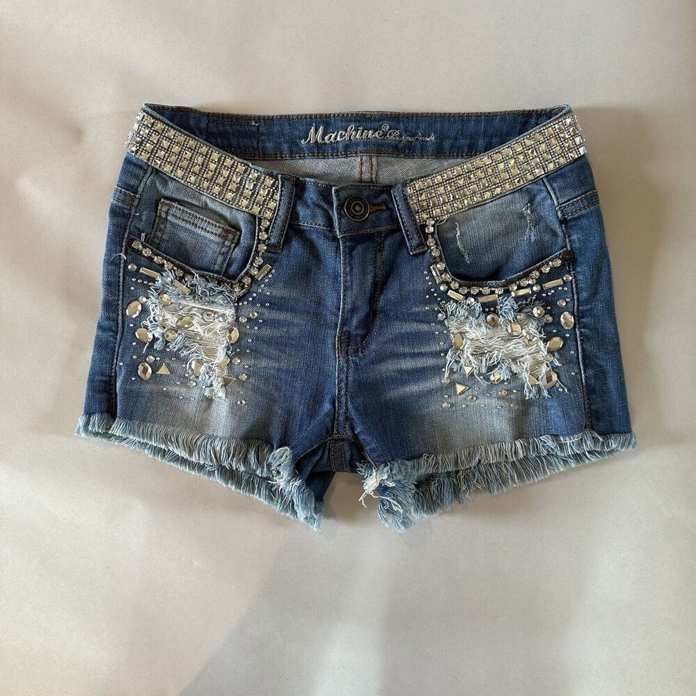 Machine Distressed Rhinestone Embellished Womens Jean Shorts Size 26 NWOT